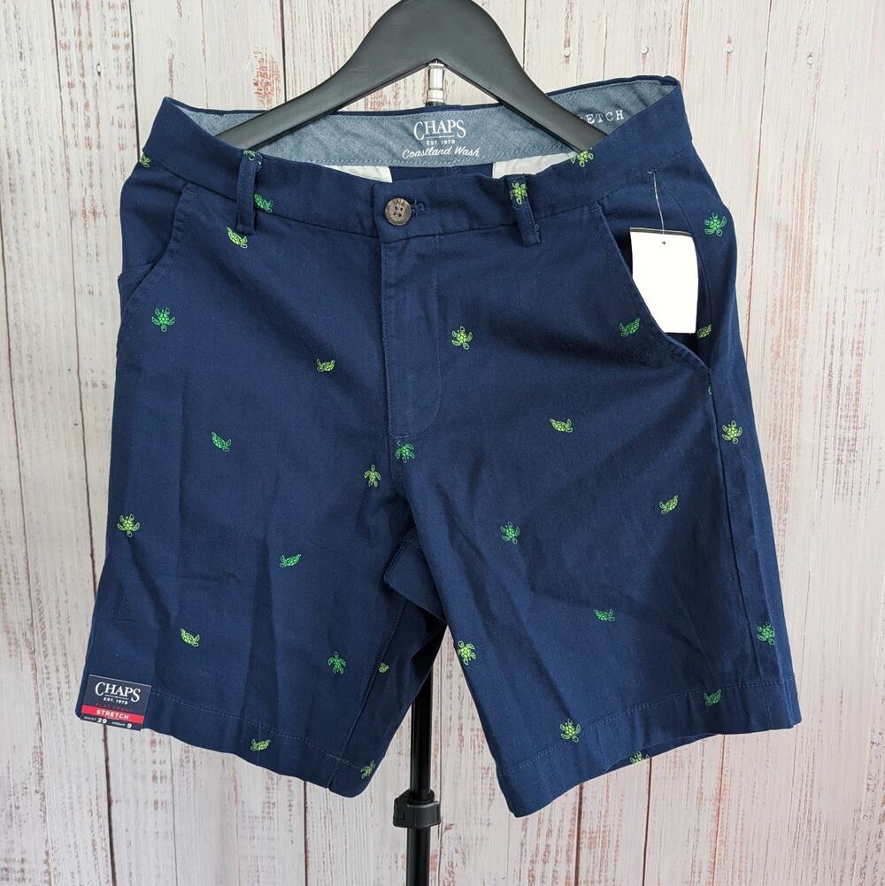 Chaps Chino Shorts Mens 29 Navy Blue Sea Turtle Embroidered Flat Front 9 Inseam